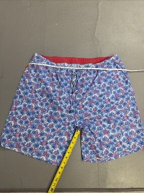 Peter Millar Blue Floral Swim Trunks with Red Waistband